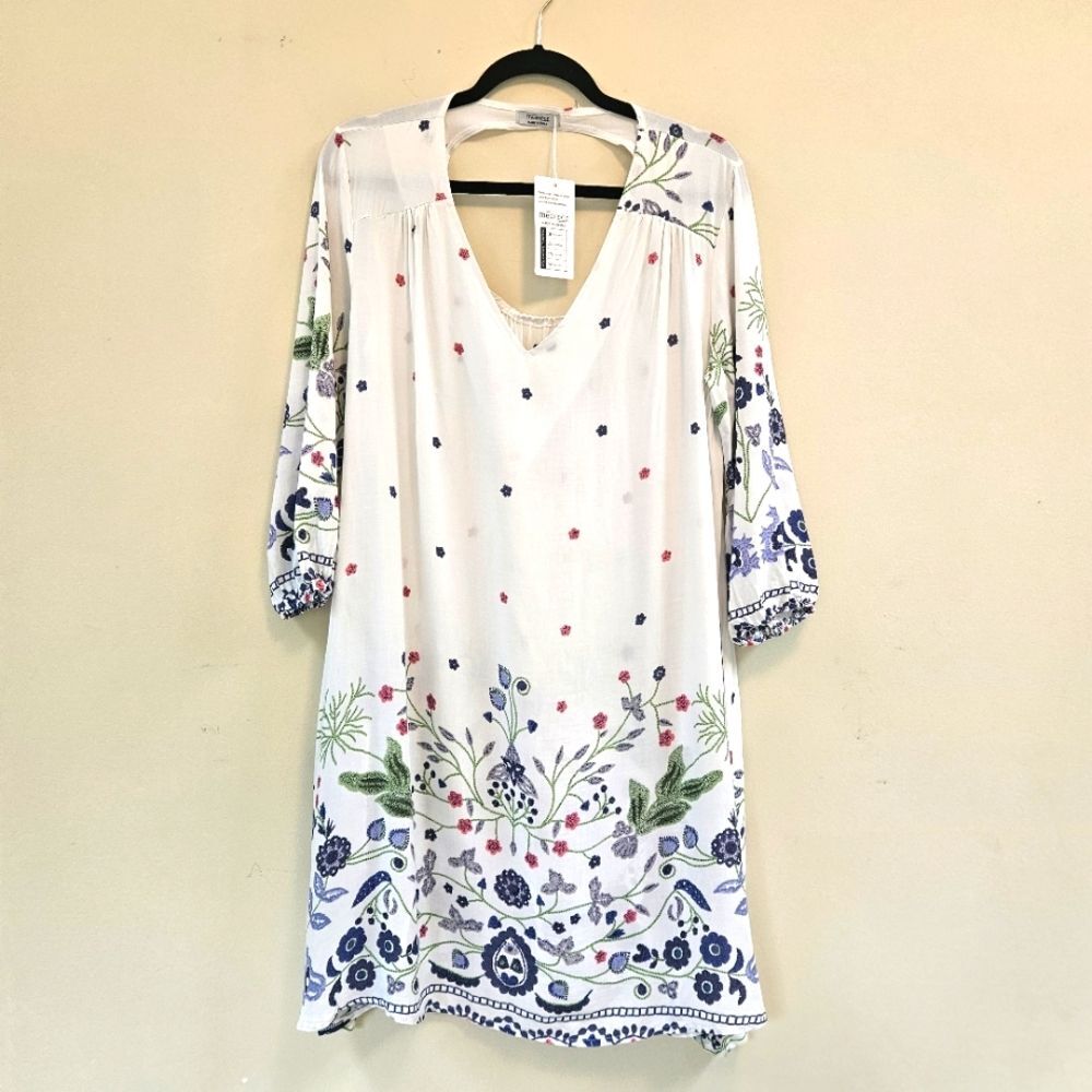 Meaneor Tunic Dress Women Sz L Blue/White Pockets 3/4 Lgth Sl Lightweight NWT